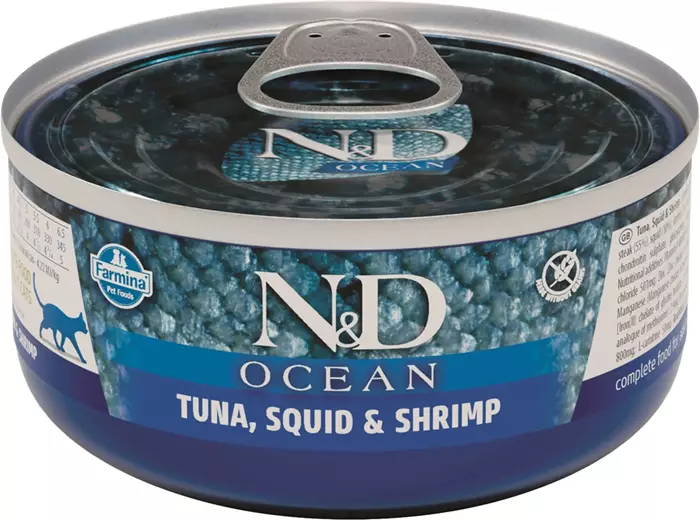 Консервы FARMINA ND CAT OCEAN TUNA, SQUID/SHRIMP для взрослых кошек с тунцом, кальмаром и креветками